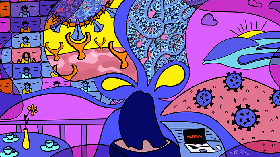 Self portrait drawing by Dr Radhika Patnala showing herself thinking about all of the projects she has been working including her Covid Dreams series. Brightly illustrated image showing the back of a woman's head with drawings of protein, the virus, zoom screens all coming out of her thoughts.