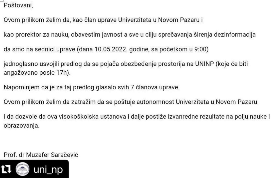 Saračević:  Jednoglasna odluka o pojačanju obezbeđenju na UNINP posle 17h