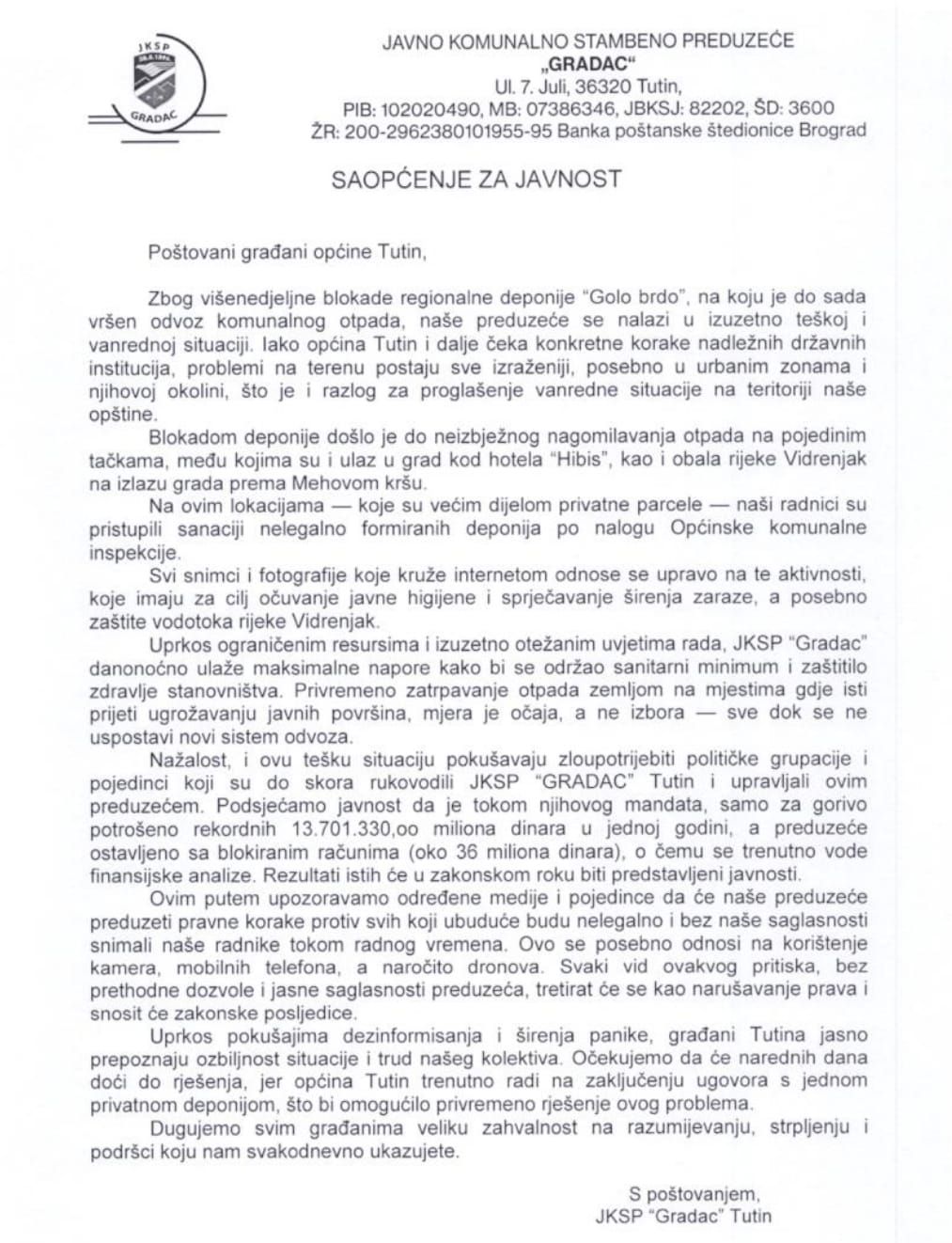 Saopštenje JKP Gradac