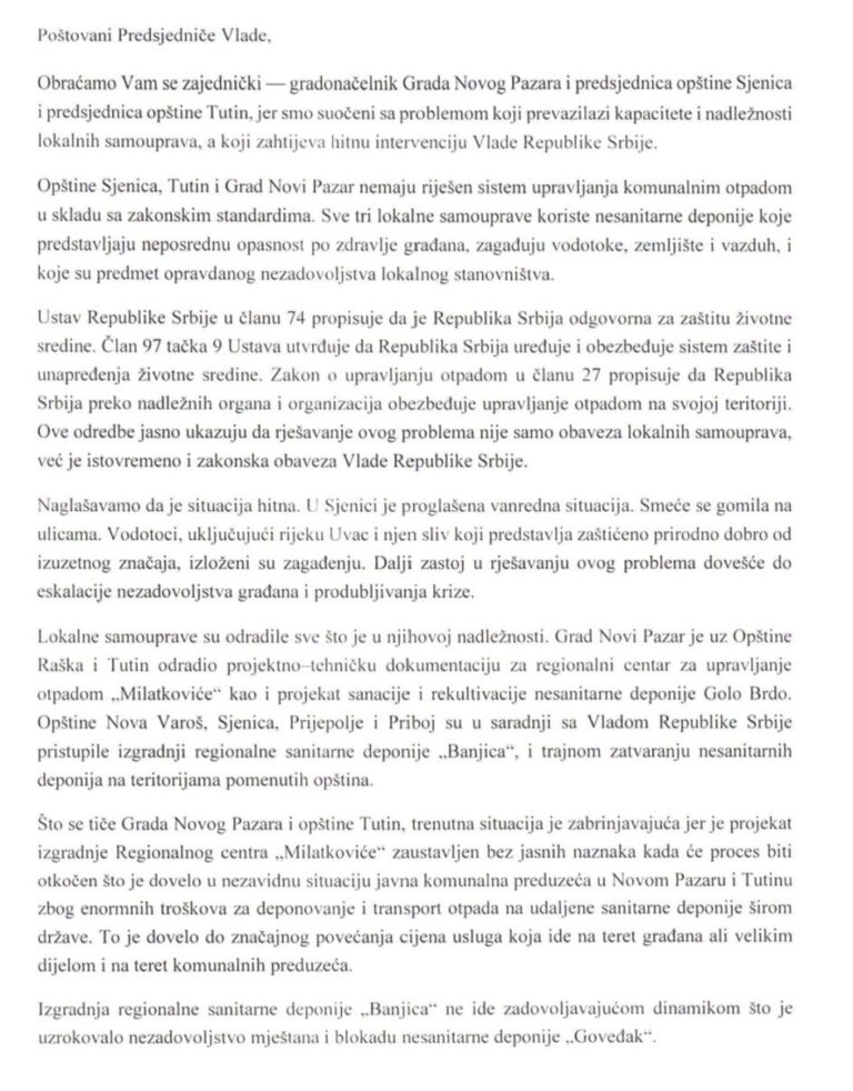 Novi Pazar, Sjenica i Tutin traže hitnu intervenciju Vlade