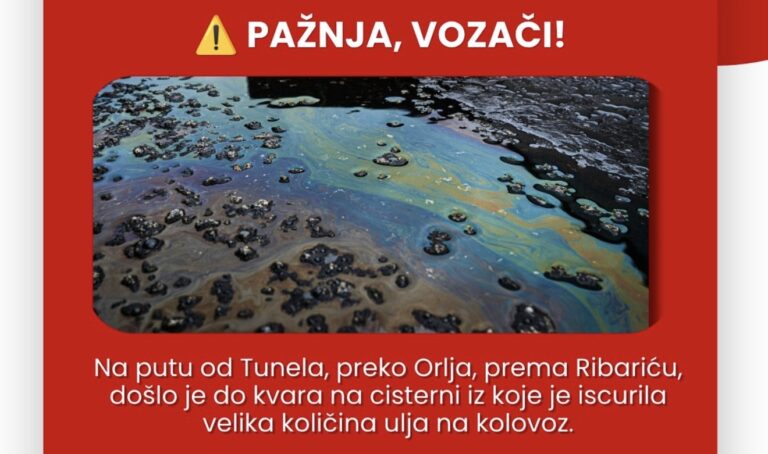 Upozorenje za vozače: Velika količina ulja na kolovozu između Tunela, Orlja i Ribarića